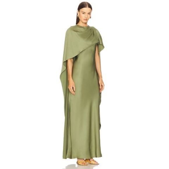 SIMKHAI Womens Izel Boat Neck Satin Draped Cape Gown Olive Green Size 2 - Picture 4 of 11